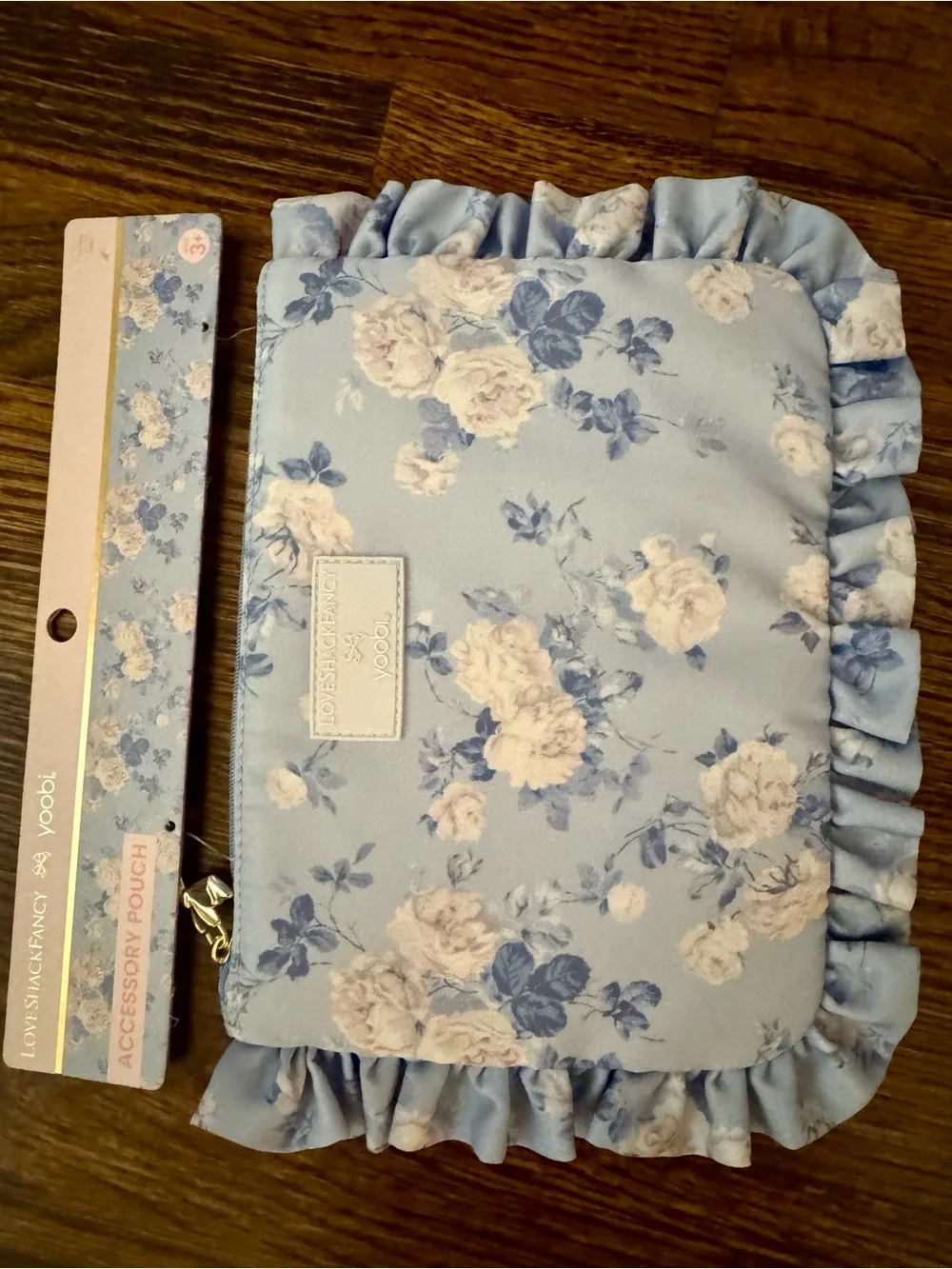 LoveShackFancy Light Blue Floral Ruffle Kids Accessory Pouch